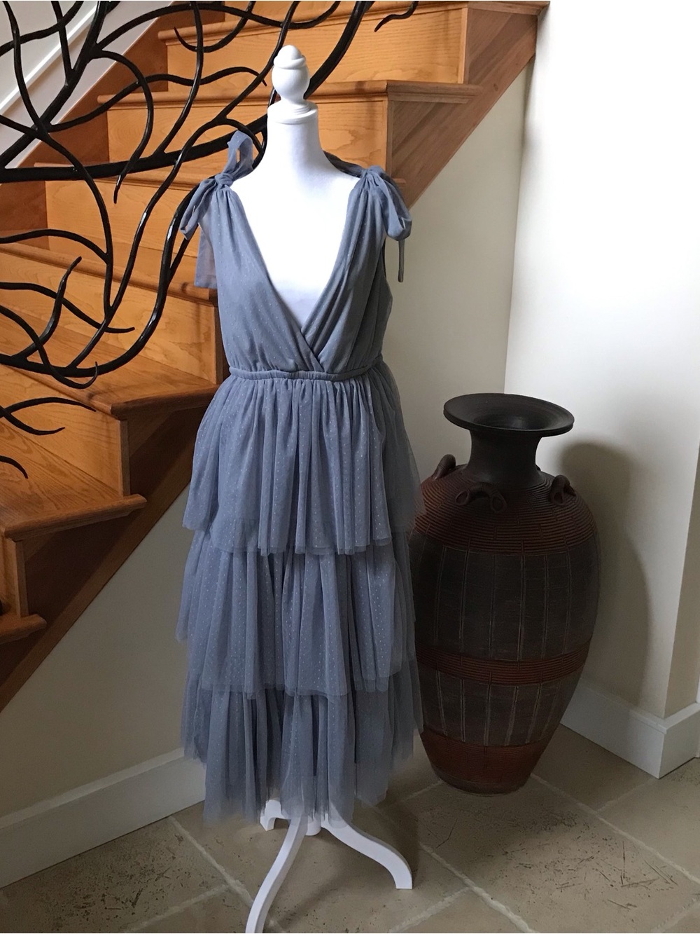 Sleeveless Tiered Tulle Midi Dress in Steel Blue